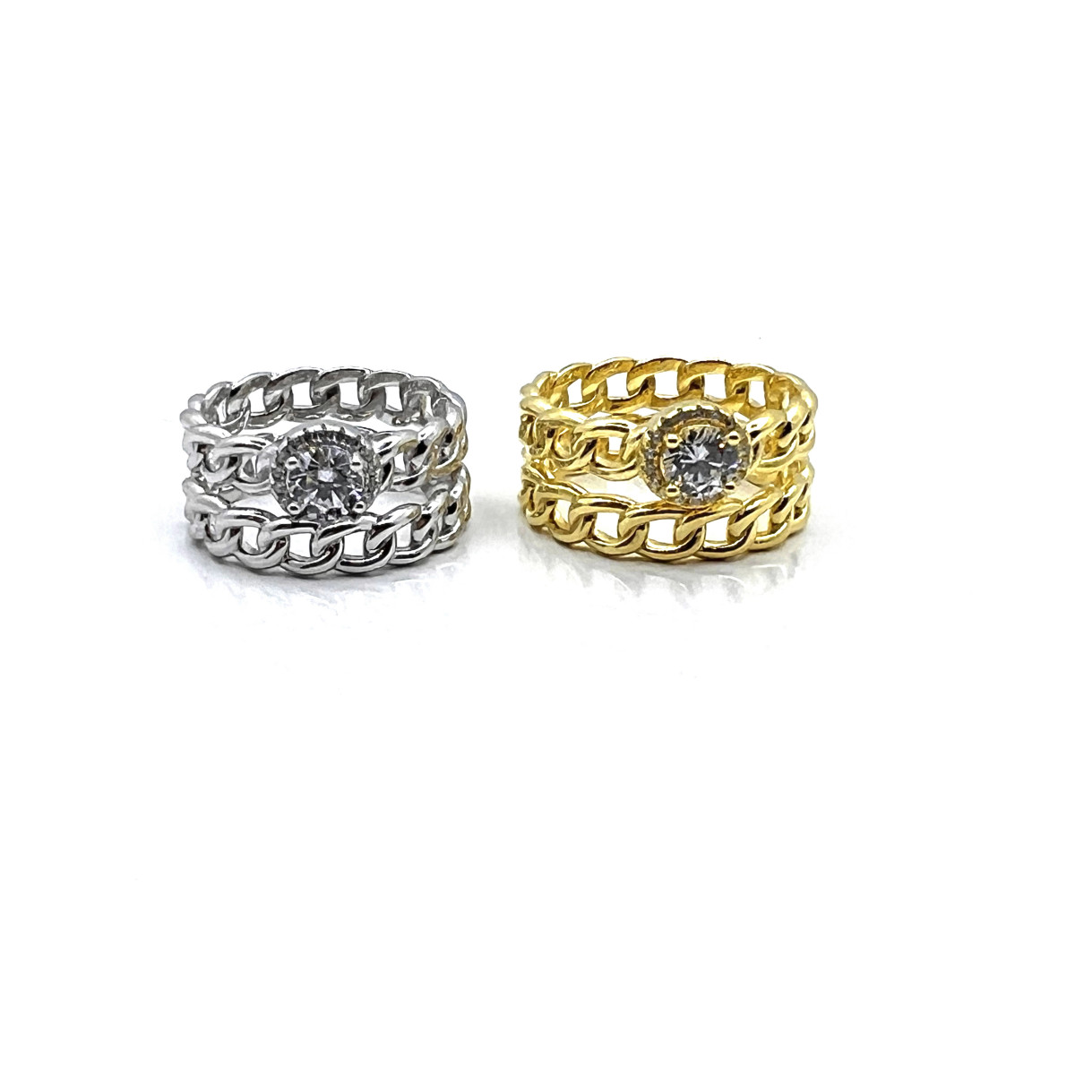 ANILLO DOBLE ESLABONES Y CIRCONITAS - (DISPONIBLE PLATA Y PLATA BAÑADA EN ORO)