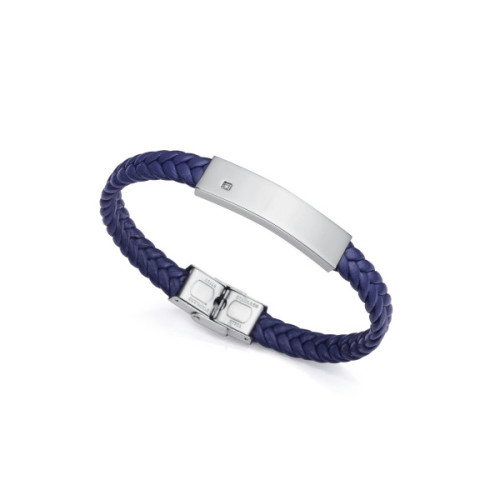 PULSERA ACERO Y PIEL AZUL DIAMANTE