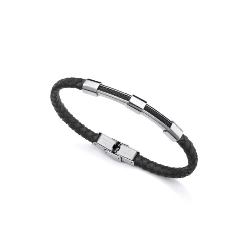 PULSERA ACERO IP NEGRA Y PIEL NEGRA