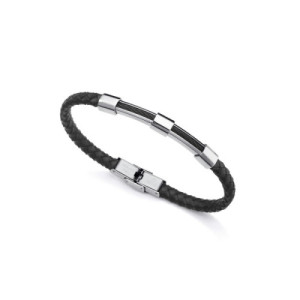 PULSERA ACERO IP NEGRA Y PIEL NEGRA