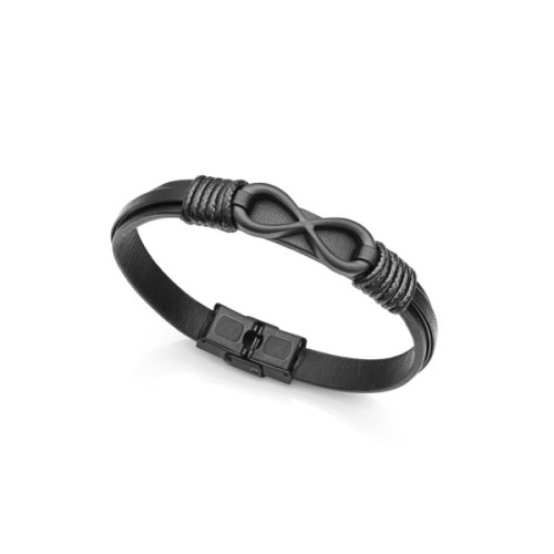 PULSERA ACERO IP NEGRO PIEL CORDON NEGRO
