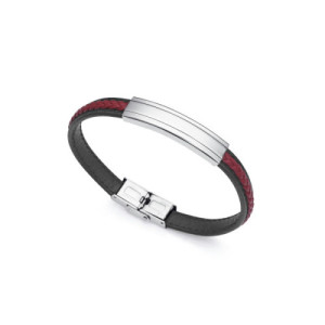PULSERA ACERO PIEL NEGRA Y ROJA
