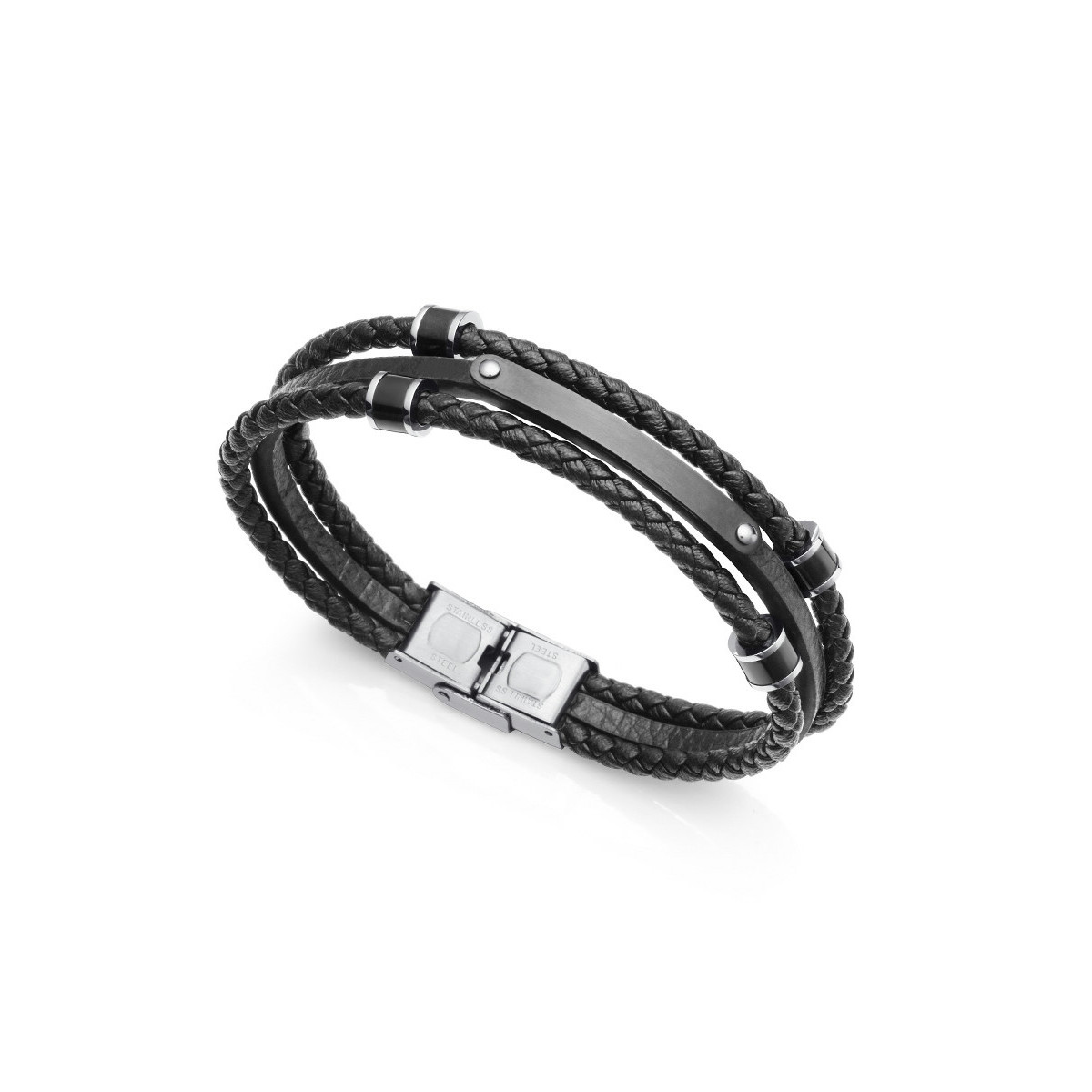 PULSERA ACERO PIEL NEGRA IP NEGRO