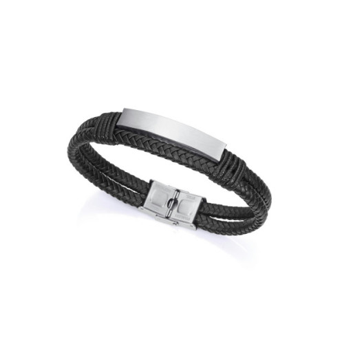 PULSERA ACERO PIEL Y CORDON NEGROS