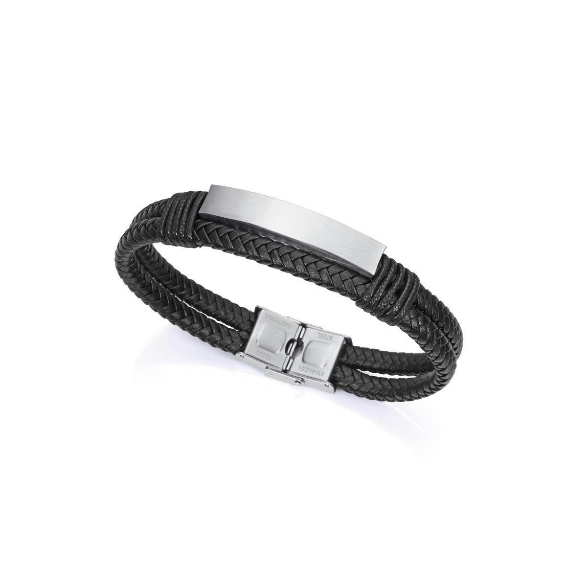 PULSERA ACERO PIEL Y CORDON NEGROS
