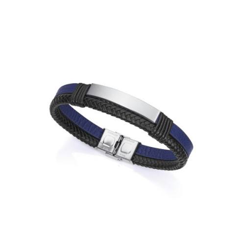 PULSERA ACERO PIEL NEGRA AZUL CORDON