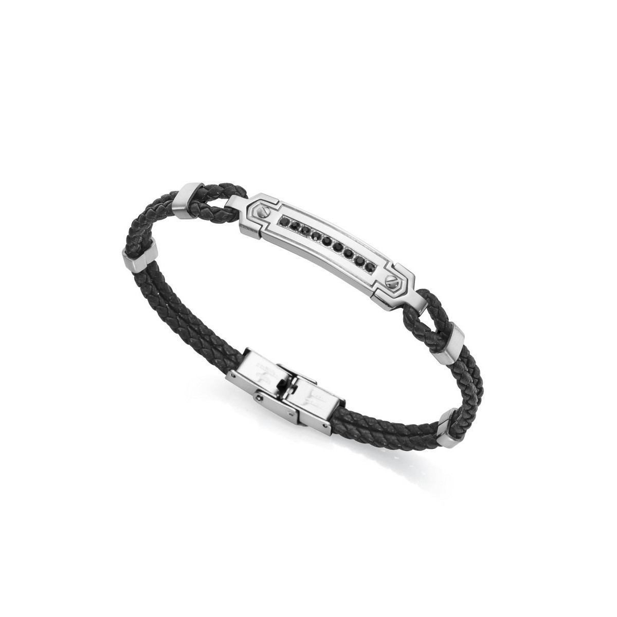 PULSERA ACERO PLACA PIEL NEGRA Y CIRCONI