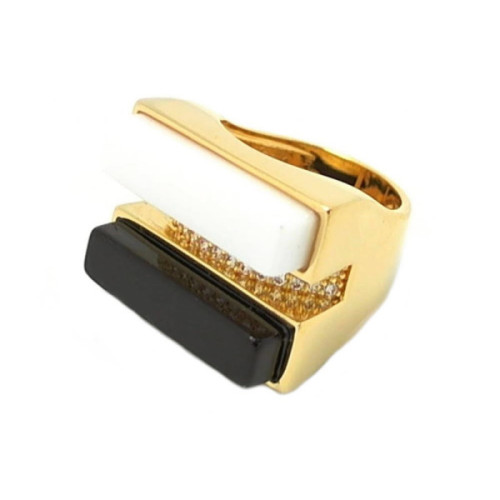 ANILLO BAÑO DE ORO PORCELANA Y OBSIDIANA
