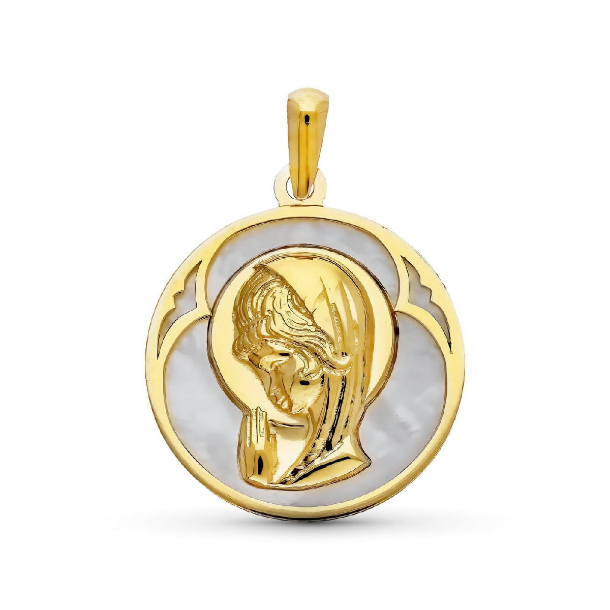 MEDALLA VIRGEN NIÑA ORO Y NACAR 18 MM
